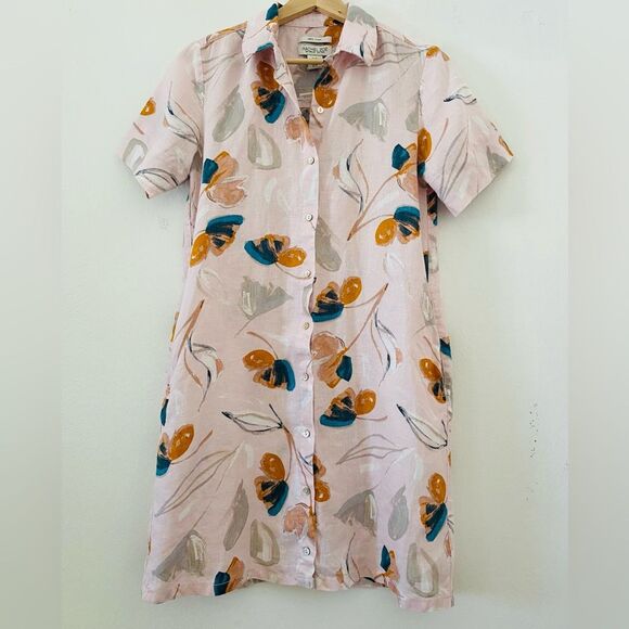 Floral 100% Linen  Button-Up Shirt Dress Size XS Pastel Tropical Vacation - Picture 1 of 10